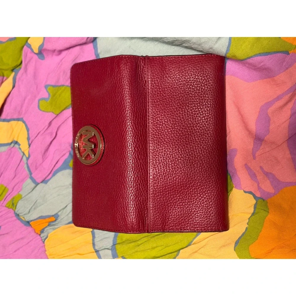 Michael Kors Fulton Flap Continental Wallet Merlot Pebbled Leather Gold Logo